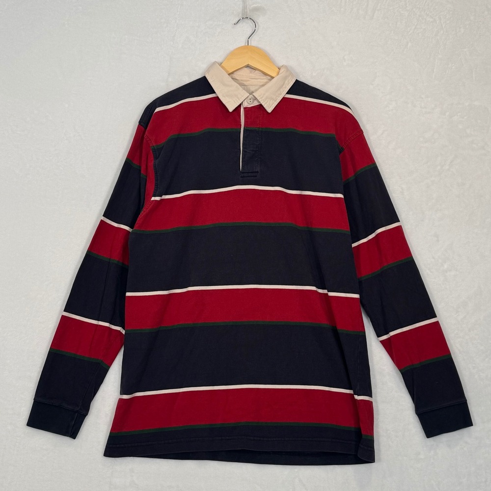 Haggar Navy Red Striped Long Sleeve Rugby Polo Shirt Large